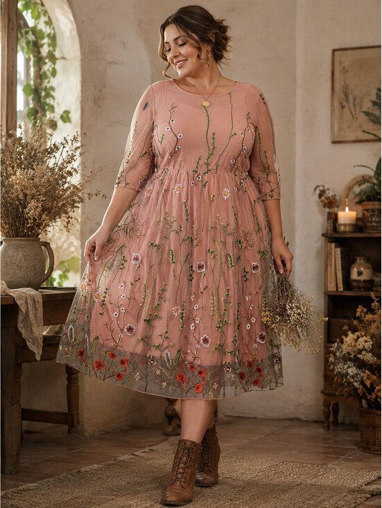 Bloomchic Dresses & Skirts - Bloomchic Embroidered Mesh Midi Dress Womens 10 Pink Floral Cottagecore Boho